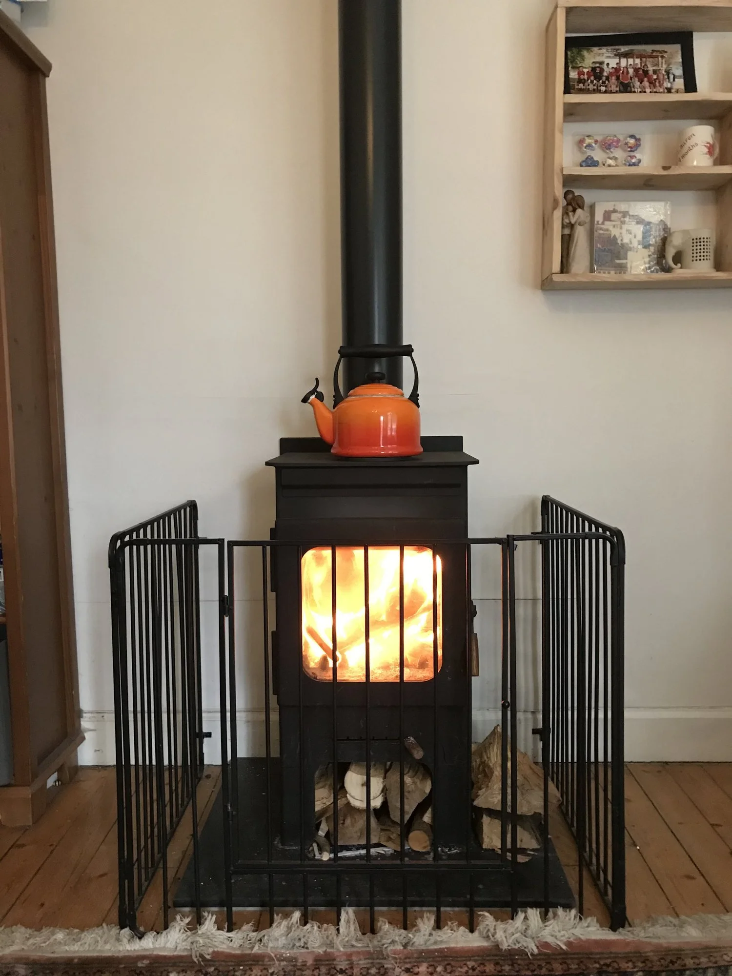 Wood burning stove in a cozy living room